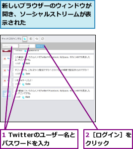 1 Twitterのユーザー名とパスワードを入力,2［ログイン］をクリック　　　,新しいブラウザーのウィンドウが開き、ソーシャルストリームが表示された