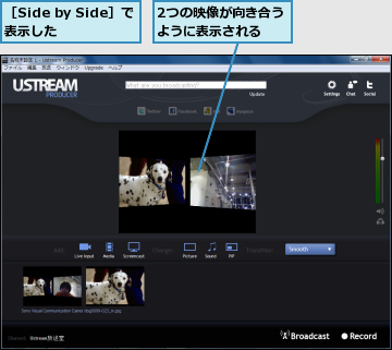 2つの映像が向き合うように表示される　　,［Side by Side］で表示した　　　