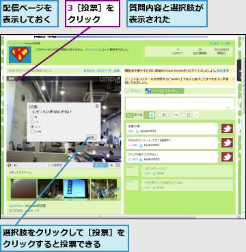 3［投票］をクリック　　,質問内容と選択肢が表示された　　　,選択肢をクリックして［投票］をクリックすると投票できる　　,配信ページを表示しておく