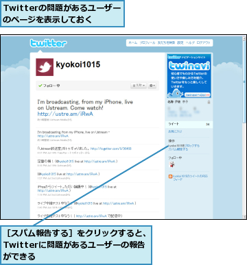 Twitterの問題があるユーザーのページを表示しておく,［スパム報告する］をクリックすると、Twitterに問題があるユーザーの報告　ができる　　　　