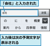 「会社」と入力された,入力後は次の予測文字が表示される　　　　　
