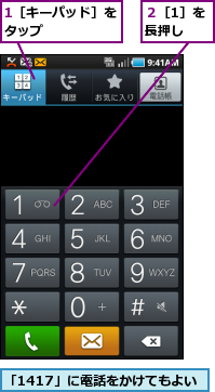 1［キーパッド］をタップ      ,「1417」に電話をかけてもよい,２［1］を長押し  