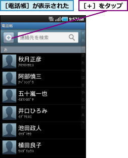 ［電話帳］が表示された,［＋］をタップ