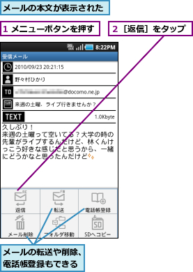 1 メニューボタンを押す,メールの本文が表示された,メールの転送や削除、電話帳登録もできる,２［返信］をタップ