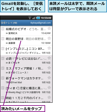 Gmailを起動し、［受信トレイ］を表示しておく,未読メールは太字で、既読メールは背景がグレーで表示される  ,読みたいメールをタップ