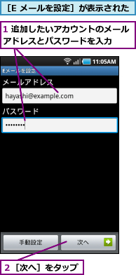 1 追加したいアカウントのメールアドレスとパスワードを入力  ,２［次へ］をタップ,［E メールを設定］が表示された
