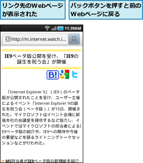 バックボタンを押すと前のWebページに戻る  ,リンク先のWebページが表示された  