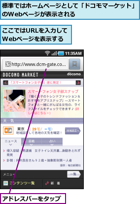 ここではURLを入力してWebページを表示する,アドレスバーをタップ,標準ではホームページとして「ドコモマーケット」のWebページが表示される          