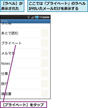 ここでは「プライベート」のラベルが付いたメールだけを表示する  ,［プライベート］をタップ,［ラベル］が表示された