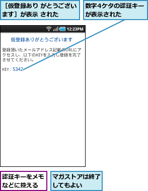 マガストアは終了してもよい  ,数字4ケタの認証キーが表示された    ,認証キーをメモなどに控える,［仮登録あり がとうございます］が表示 された  