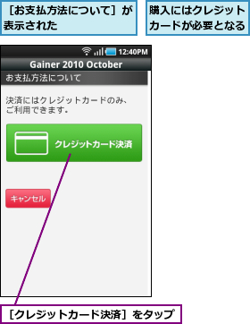 購入にはクレジットカードが必要となる,［お支払方法について］が表示された      ,［クレジットカード決済］をタップ