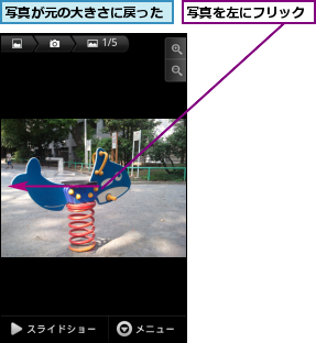 写真が元の大きさに戻った,写真を左にフリック