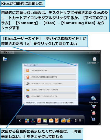 Kiesが自動的に起動した,次回から自動的に表示したくない場合は、［今後表示しない。］をチェックして閉じる    ,自動的に起動しない場合は、デスクトップに作成されたKiesのショートカットアイコンをダブルクリックするか、［すべてのプロラム］‐［Samsung］‐［Kies］‐［Samusung Kies］をクリックする,［Kiesユーザーガイド］［デバイス接続ガイド］が表示されたら［×］をクリックして閉じてよい