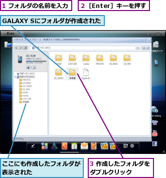 1 フォルダの名前を入力,3 作成したフォルダをダブルクリック　　　,GALAXY Sにフォルダが作成された,ここにも作成したフォルダが表示された　　　　　　　　,２［Enter］キーを押す