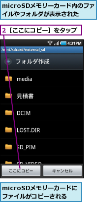 2［ここにコピー］をタップ,microSDメモリーカードに　ファイルがコピーされる,microSDメモリーカード内のファイルやフォルダが表示された