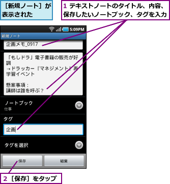 1 テキストノートのタイトル、内容、保存したいノートブック、タグを入力,２［保存］をタップ,［新規ノート］が表示された  