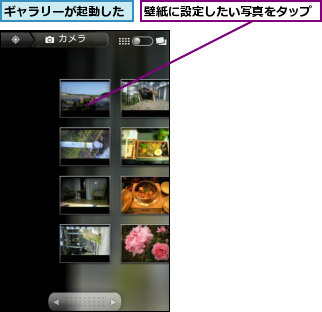 ギャラリーが起動した,壁紙に設定したい写真をタップ