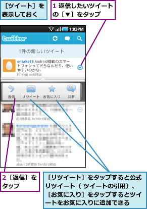 1 返信したいツイートの［▼］をタップ  ,2［返信］をタップ  ,［ツイート］を表示しておく,［リツイート］をタップすると公式リツイート（ ツイートの引用）、［お気に入り］をタップするとツイートをお気に入りに追加できる