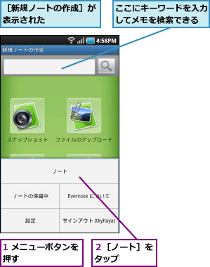 1 メニューボタンを押す        ,ここにキーワードを入力してメモを検索できる,２［ノート］をタップ    ,［新規ノートの作成］が表示された      