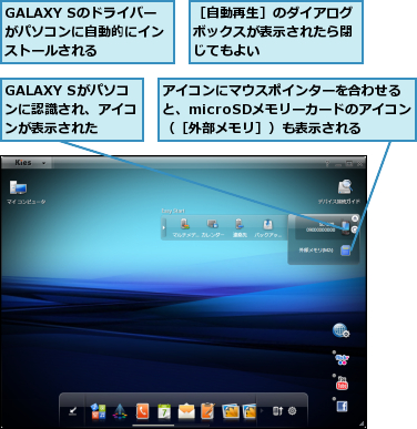 GALAXY Sがパソコンに認識され、アイコンが表示された,GALAXY Sのドライバーがパソコンに自動的にインストールされる,アイコンにマウスポインターを合わせると、microSDメモリーカードのアイコン（［外部メモリ］）も表示される,［自動再生］のダイアログボックスが表示されたら閉じてもよい