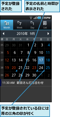 予定が登録された　　,予定が登録されている日には青の三角の印が付く　　　,予定の名前と時間が表示された　　　