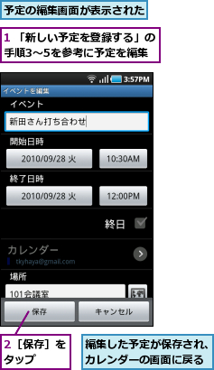 1 「新しい予定を登録する」の手順3〜5を参考に予定を編集,2［保存］をタップ　　,予定の編集画面が表示された　　,編集した予定が保存され、カレンダーの画面に戻る