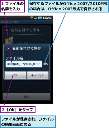 1 ファイルの名前を入力　　,ファイルが保存され、ファイルの編集画面に戻る　　　　　,保存するファイルがOffice 2007/2010形式の場合は、Office 2003形式で保存される,２［OK］をタップ