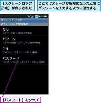ここではスリープが解除になったときにパスワードを入力するように設定する,［スクリーンロック設定］が表示された,［パスワード］をタップ