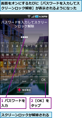 1 パスワードを入力      ,2［OK］をタップ,スクリーンロックが解除される,画面をオンにするたびに［パスワードを入力してスクリーンロック解除］が表示されるようになった