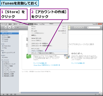 1［Store］を　クリック,2［アカウントの作成］をクリック　　　　　,iTunesを起動しておく