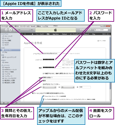 1 メールアドレスを入力　　　　　,2 パスワードを入力　　　　,3 質問とその答え、生年月日を入力,4 画面をスクロール　　　,ここで入力したメールアドレスがApple IDとなる,アップルからのメール配信が不要な場合は、ここのチェックをはずす,パスワードは数字とアルファベットを組み合わせた8文字以上のものにする必要がある,［Apple IDを作成］が表示された