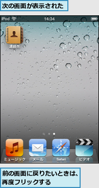 前の画面に戻りたいときは、再度フリックする    ,次の画面が表示された