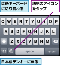 地球のアイコンをタップ  ,日本語テンキーに戻る,英語キーボードに切り替わる