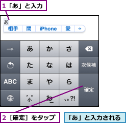 1「あ」と入力,2［確定］をタップ,「あ」と入力される