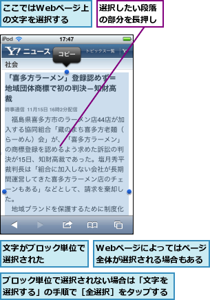 Webページによってはページ全体が選択される場合もある,ここではWebページ上の文字を選択する,ブロック単位で選択されない場合は「文字を選択する」の手順で［全選択］をタップする,文字がブロック単位で選択された    ,選択したい段落の部分を長押し