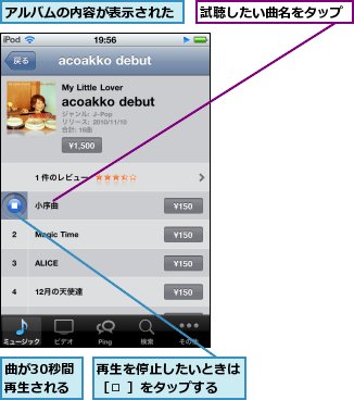アルバムの内容が表示された,再生を停止したいときは［□ ］をタップする,曲が30秒間再生される,試聴したい曲名をタップ
