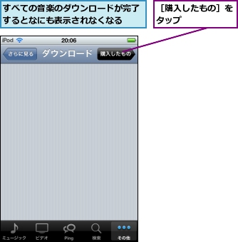 すべての音楽のダウンロードが完了するとなにも表示されなくなる  ,［購入したもの］をタップ      