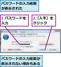 1 パスワードを入力　　　　　,2［入手］をクリック　　,パスワードの入力画面が表示された　　　　,パスワードの入力画面が表示されない場合もある