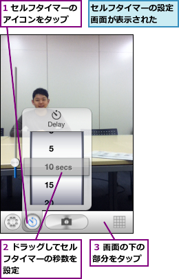 1 セルフタイマーのアイコンをタップ　　,2 ドラッグしてセルフタイマーの秒数を　設定,セルフタイマーの設定画面が表示された　　,３ 画面の下の部分をタップ