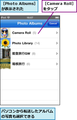 パソコンから転送したアルバムの写真も選択できる　　　　　,［Camera Roll］　をタップ　　,［Photo Albums］が表示された