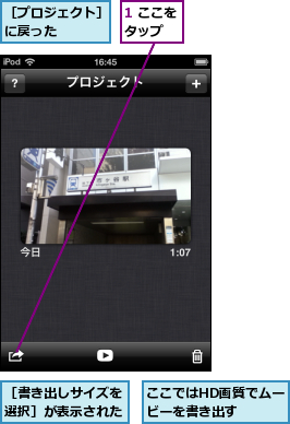 1 ここをタップ　　,ここではHD画質でムービーを書き出す　　,［プロジェクト］に戻った　　　,［書き出しサイズを選択］が表示された