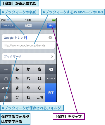 保存するフォルダは変更できる  ,［保存］をタップ,［追加］が表示された