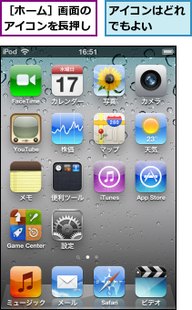 アイコンはどれでもよい　　,［ホーム］画面のアイコンを長押し