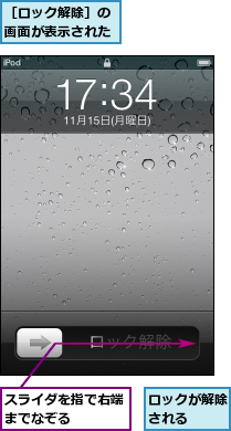 スライダを指で右端までなぞる    ,ロックが解除される  ,［ロック解除］の画面が表示された