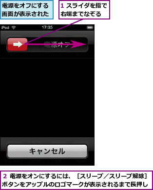 1 スライダを指で右端までなぞる  ,電源をオフにする画面が表示された,２ 電源をオンにするには、［スリープ／スリープ解除］ボタンをアップルのロゴマークが表示されるまで長押し