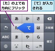 ［た］の上で右方向にフリック,［て］が入力される  