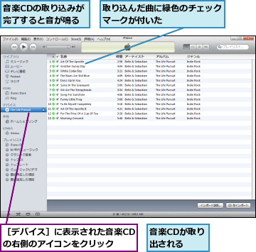 取り込んだ曲に緑色のチェックマークが付いた      ,音楽CDが取り出される,音楽CDの取り込みが完了すると音が鳴る,［デバイス］に表示された音楽CDの右側のアイコンをクリック