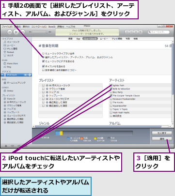 1 手順2の画面で［選択したプレイリスト、アーティスト、アルバム、およびジャンル］をクリック,2 iPod touchに転送したいアーティストやアルバムをチェック      ,選択したアーティストやアルバムだけが転送される      ,３［適用］をクリック  