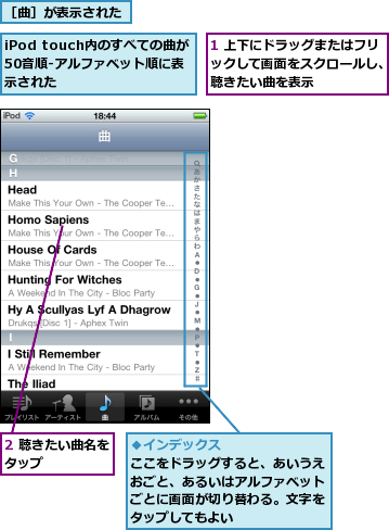 1 上下にドラッグまたはフリックして画面をスクロールし、聴きたい曲を表示,2 聴きたい曲名をタップ      ,iPod touch内のすべての曲が50音順‐アルファベット順に表示された,［曲］が表示された