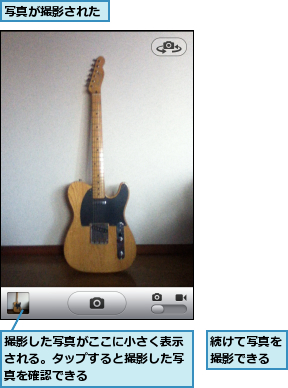 写真が撮影された,撮影した写真がここに小さく表示される。タップすると撮影した写真を確認できる,続けて写真を撮影できる